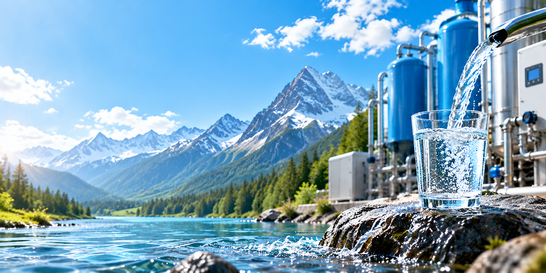 Mountain lake alongside water treatment equipment and a glass of water